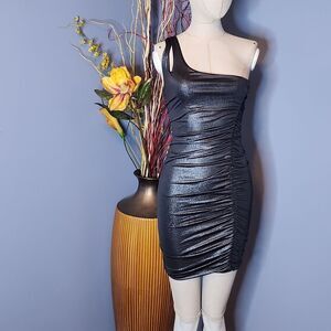 Guess Black/Silver One Shoulder Scrunched Dress Size XS NWT